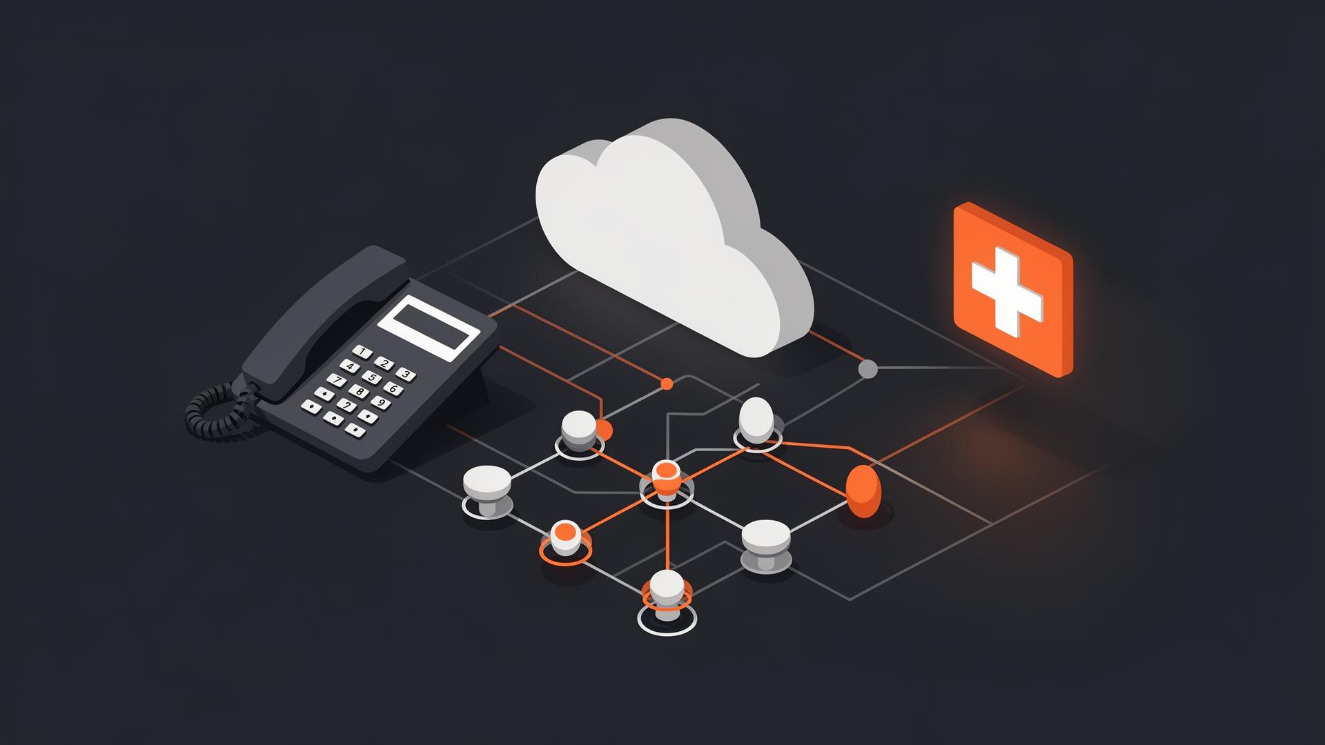 Business communications and healthcare systems illustration showing phone, cloud, network, and healthcare icons